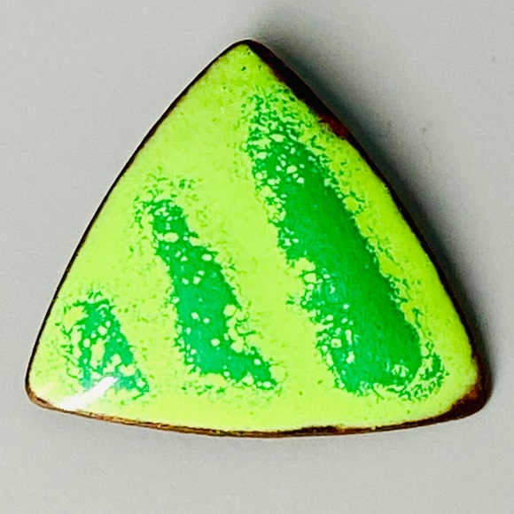 Vintage Enamel Copper Triangle Pin One of a Kind Green Lime & Kelly - Picture 3 of 9